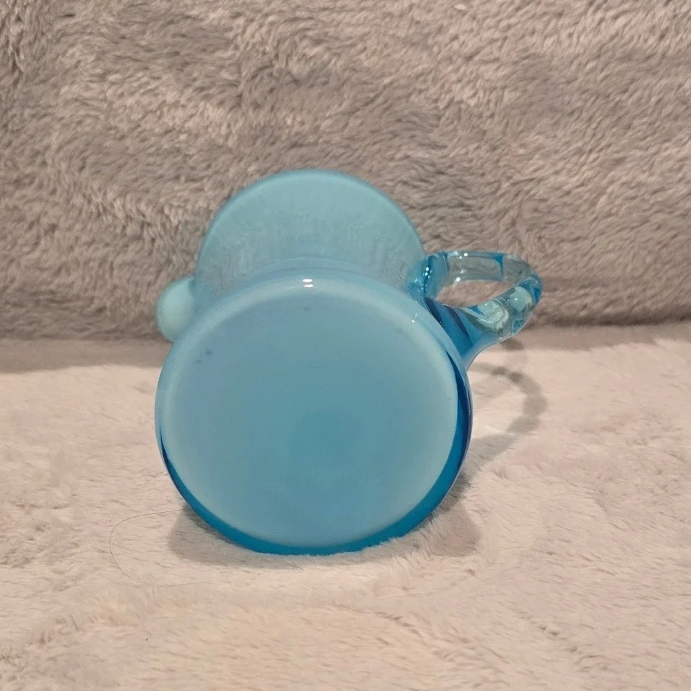 Vtg Fenton Blue Opalescent Glass Creamer Pitcher w/ Bamboo Style Applied Handle